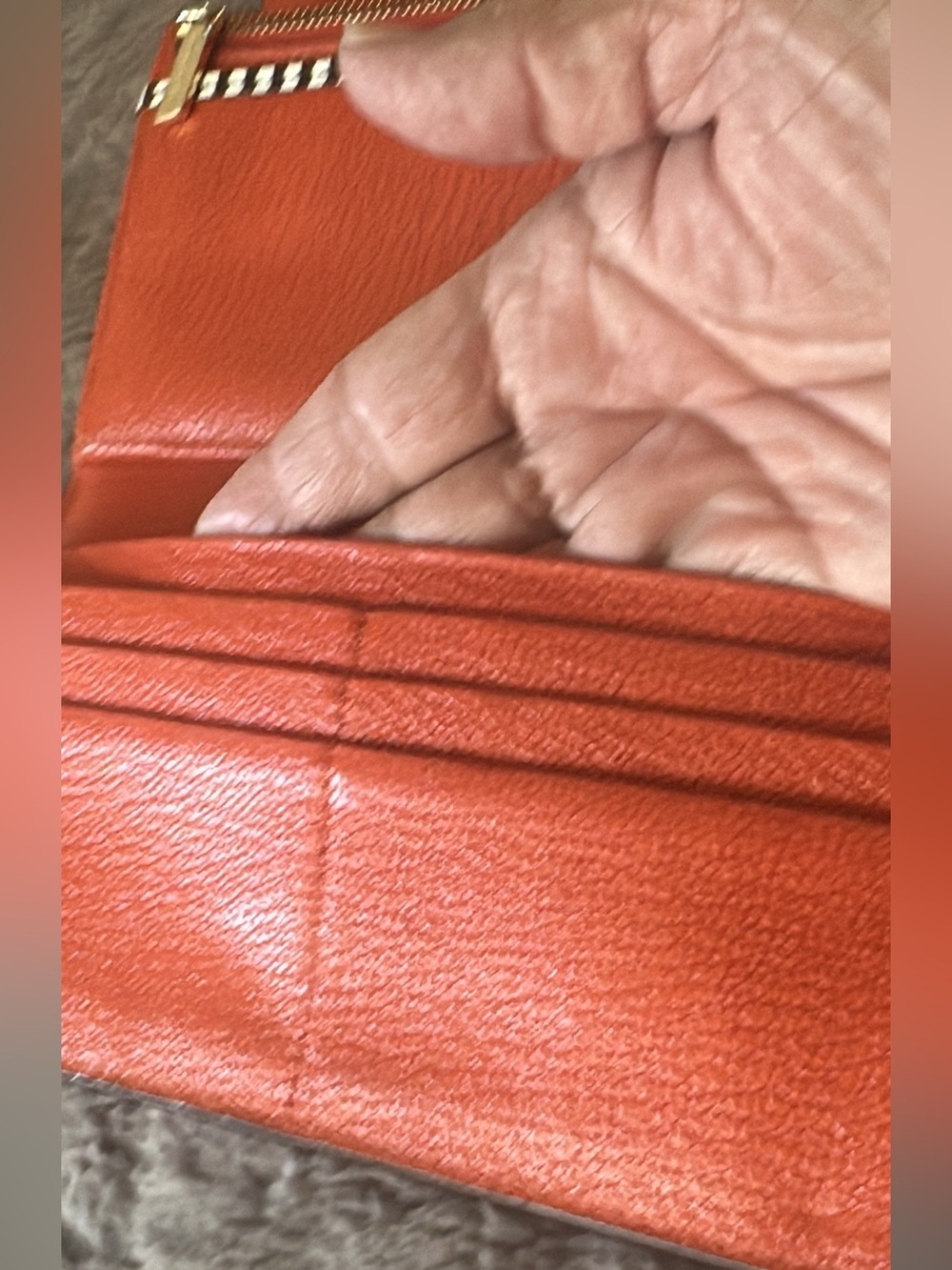 Henri Bendel orange & Gold Trifold Leather Wallet Zip Pocket 7.5" x 4" (bags26) - Picture 6 of 8